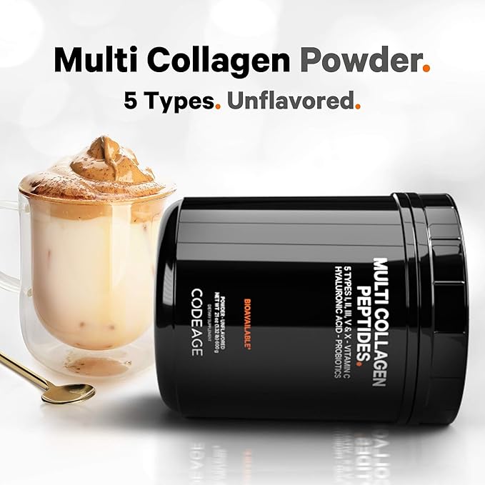 Codeage Multi Collagen Peptides + Probiotics Black Edition, Vitamin C, Hyaluronic Acid Powder Supplement, Grass-Fed, Pasture-Raised, Hydrolyzed, Zero Carbs, Type I, II, III, V & X, Unflavored, 21oz