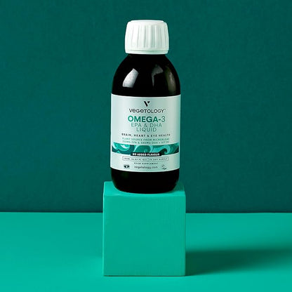 Vegan Omega 3 Supplements 150 ml (30-Day Supply) — Plant Source from Microalgae — EPA 300MG & DHA 500 MG + VIT D3 — Health Supplements for Heart, Eye & Brain Health (Unflavored)