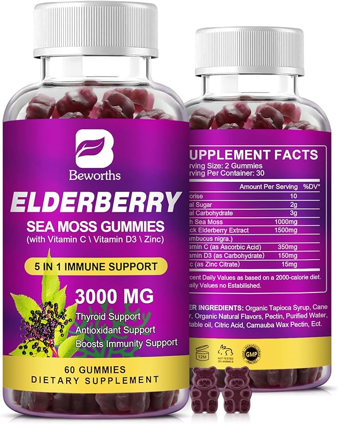 Elderberry Gummies & Irish Sea Moss, Organic Sambucus Elderberry Gummy with Seamoss, Zinc, Vitamin C, D3, Multivitamin Elderberry Vitamin Immune & Energy Support Supplements - Sugar-Free