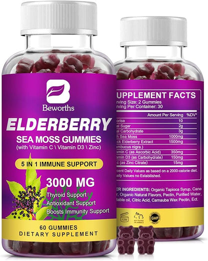 Elderberry Gummies & Irish Sea Moss, Organic Sambucus Elderberry Gummy with Seamoss, Zinc, Vitamin C, D3, Multivitamin Elderberry Vitamin Immune & Energy Support Supplements - Sugar-Free