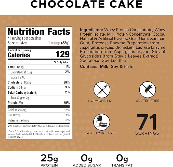 High Whey, Protein Powder, Whey Isolate, Gluten Free, Lean Muscle Mass for Men & Women, 25g of Protein Per Scoop, 2.7kg, 73 Servings (Chocolate Cake, 6 Pound)