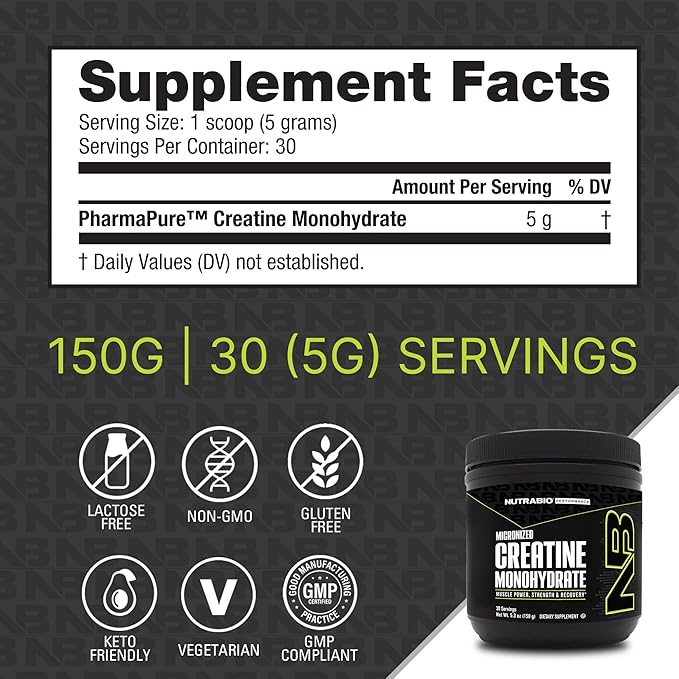 NutraBio Pure Creatine Monohydrate Powder Supplement, Unflavored, (150 g) - Supports Bulk Muscle Energy, Recovery, and Strength - HPLC Tested Pure Grade Creatine Powder Supplement for Men and Women