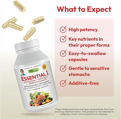 ANDREW LESSMAN Essential-1 Multivitamin 3000 IU Vitamin D3 60 Small Capsules – 100 mcg Methyl B12. CoQ10 Lutein Lycopene Zeaxanthin. High Potency. No Additives. Gentle Ultra-Mild. One Daily Capsule
