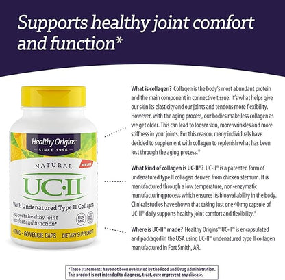 Healthy Origins UC-II, 40 mg - Premium Collagen Supplement for Joint Health, Mobility & Flexibility - Undenatured Type II Collagen - Gluten-Free & Non-GMO Supplement - 60 Veggie Caps