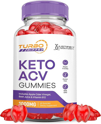 Turbo Ripped Keto ACV Gummies Advanced Formula 1000MG Turbo Ripped Keto Gummies Apple Cider Vinegar Formulated with Pomegranate Beet Juice Powder B12 Vegan Non GMO 60 Gummys