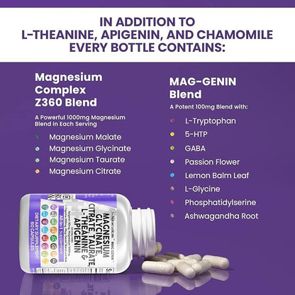 Magnesium Glycinate Complex 1000mg with L-Theanine 200mg Apigenin 50mg Citrate Taurate Supplement - 5-HTP GABA Passion Flower Lemon Balm L-Glycine Phosphatidylserine Ashwagandha - 60 Count