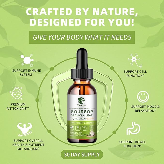 Nature Soursop Bitters Liquid, 2000mg Soursop Oil for Cell Support & Regeneration, Antioxidant, Immune Boost, Digestive, Sugar-Free, Gluten-Free, Soursop Multivitamin Drops 1 Month Supply 2 FL OZ