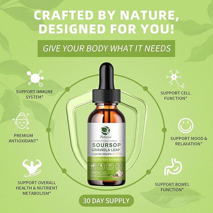 Nature Soursop Bitters Liquid, 2000mg Soursop Oil for Cell Support & Regeneration, Antioxidant, Immune Boost, Digestive, Sugar-Free, Gluten-Free, Soursop Multivitamin Drops 1 Month Supply 2 FL OZ
