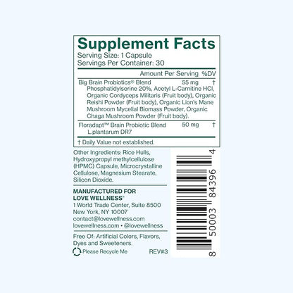 Love Wellness Big Brain Probiotics | Nootropics Brain Support Supplement | Brain Supplements for Memory and Focus | Promotes Mental Clarity & Mood | Organic Reishi, Chaga, & Lions Mane | 30 Count
