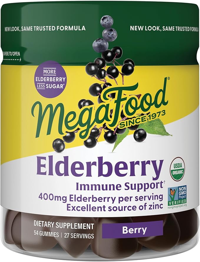 MegaFood Elderberry Immune Support Supplement - Vegan Elderberry Gummies for Adults - Made with Zinc and Real Food - Pectin-Based, Gluten-Free, USDA Organic - 54 Gummies, 27 Servings