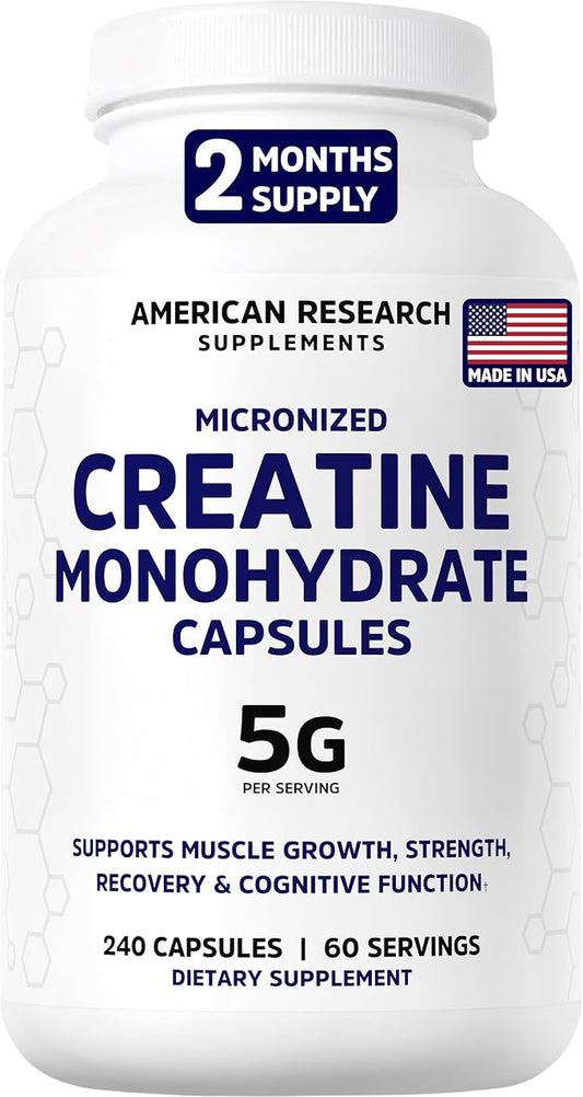 Creatine Monohydrate Capsules 5G | 60 Servings | Vegan | Micronized Creatine Pills 5000mg | 4 Capsules per Serving | 240 Capsules | Creatine Pills For Men & Women | Muscle Building | 2 Months Supply
