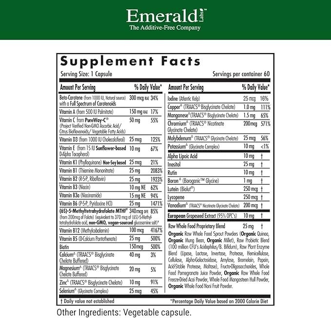EMERALD LABS Complete 1-Daily Multi - Complete Multivitamin for Men & Women with Vitamin C, Methylated Folate, Whole-Food Blend & More for Immune Support, Bone Health & More* - 60 Vegetable Capsules