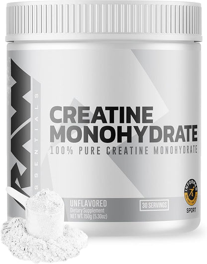 RAW Nutrition Creatine Monohydrate Powder, Unflavored (30 Servings) - Micronized Creatine Monohydrate Supplement for Workout Performance, Build Muscle & Strength - Creatine Powder for Men & Women