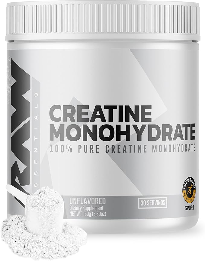 RAW Nutrition Creatine Monohydrate Powder, Unflavored (30 Servings) - Micronized Creatine Monohydrate Supplement for Workout Performance, Build Muscle & Strength - Creatine Powder for Men & Women