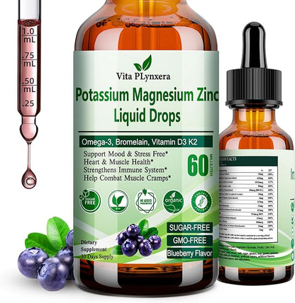 Potassium Magnesium Supplement Liquid Drops Plus Calcium Omega-3 D3 B6 K2, Organic Liquid Potassium Magnesium Aspartate, Citrate, for Leg Cramp, Vascular Muscle & Electrolyte Balance 2 Fl/Oz