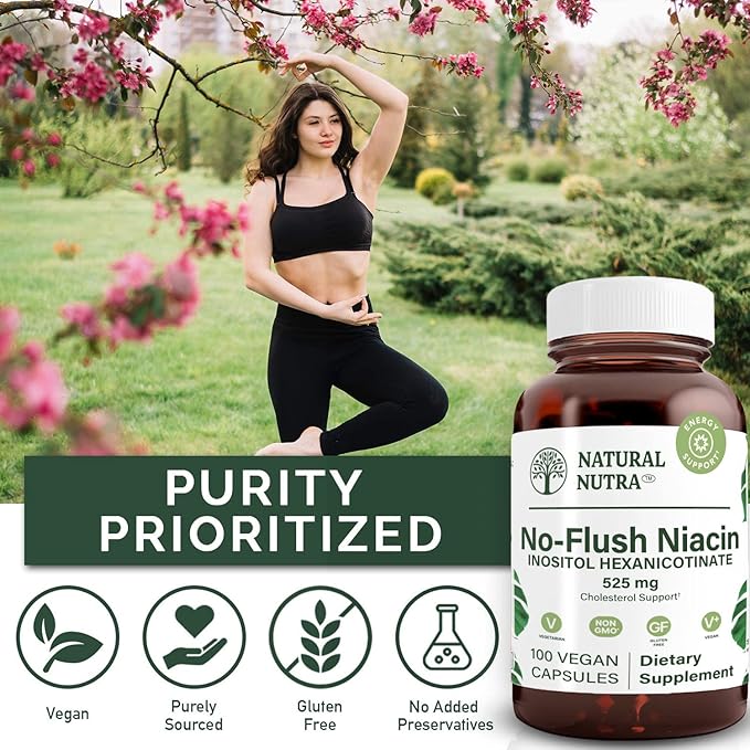 Natural Nutra No Flush Niacin, Vitamin B3 Supplement, Helps Heart Health, Promotes Skin Texture, Helps Boost Energy Level 525 mg, 100 Capsules