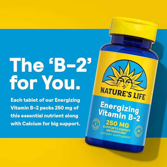 Natures Life Vitamin B-2 250 mg - Vitamin B2 Energy Pills for Metabolism Support - High-Potency Riboflavin Plus Calcium Supplement - One Per Day - 50 Servings, 50 Tablets