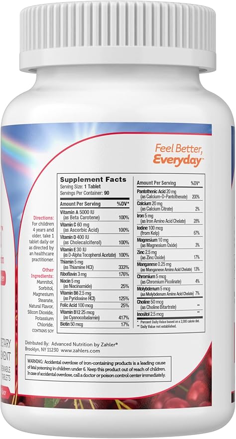 Zahler Kids Multivitamin Chewable Vitamin Tablet - Complete One Daily Kids Vitamins Supplement - Contains 20+ Minerals & Vitamins for Kids & Toddlers - Kosher Multivitamins Cherry Flavor (90)