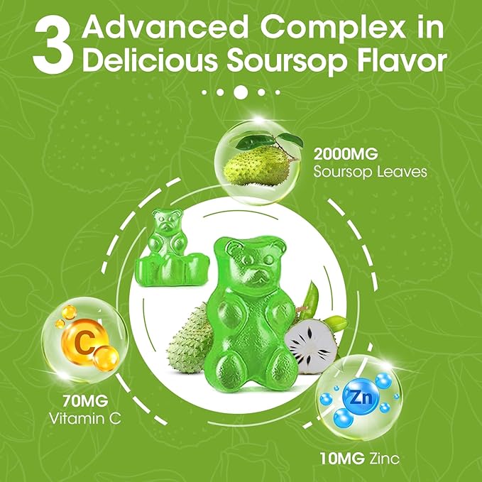 Natural Soursop Graviola Gummies Supplement, Original Soursop Leaves Extract with Vitamins C & Zinc for Women & Men, Multivitamin Soursop Fruit Supplement for Immunity & Antioxidant & Energy