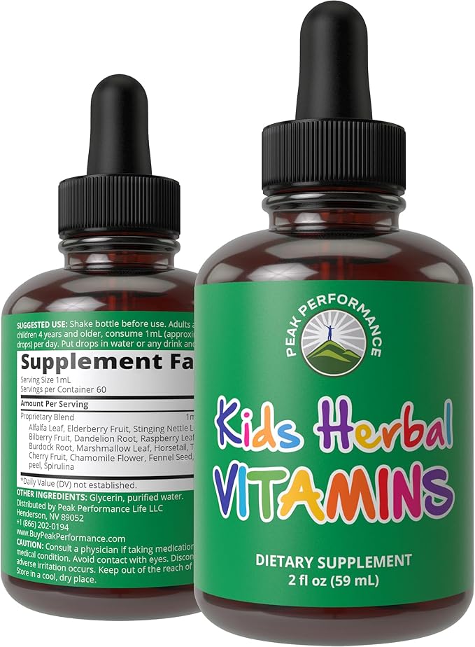 Kids Vitamins From Herbs. Liquid Kids Herbal Multivitamin. No Bitter Taste. Sugar Free 14-in-1 Vegan Supplement Drops For Toddlers, Kids, Children, Teens. Mixed In Water Kids Won't Even Taste It