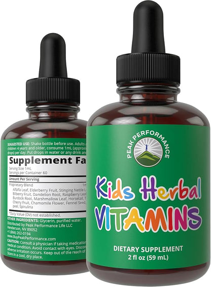 Kids Vitamins From Herbs. Liquid Kids Herbal Multivitamin. No Bitter Taste. Sugar Free 14-in-1 Vegan Supplement Drops For Toddlers, Kids, Children, Teens. Mixed In Water Kids Won't Even Taste It