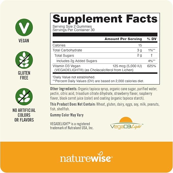 NatureWise Vitamin D3 5000 IU Gummies - Mixed Berry Flavor - Vegan D from Lichen, Pectin Based, Immune Support for Adults, Muscle & Bone Strength - Gluten Free, Non-GMO - 60 Count[1-Month Supply]