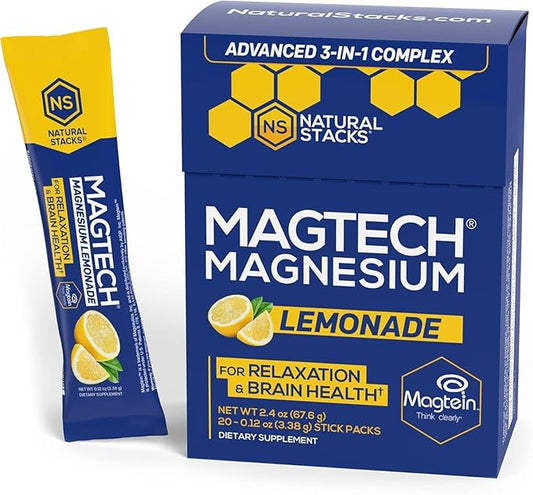 MagTech Magnesium Lemonade Drink Mix - Chelated Magnesium Complex - 3 Forms of Magnesium: Magtein Magnesium L-Threonate, Glycinate & Taurate - Supports Relaxation & Brain Health*, 20 Stick Packs