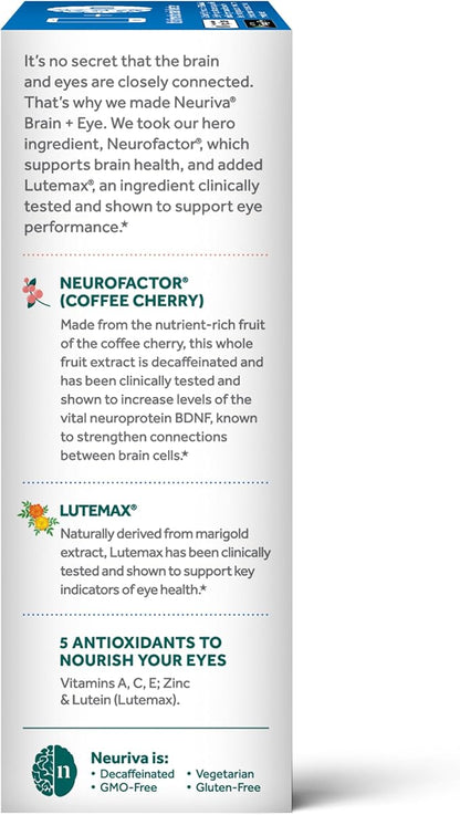 NEURIVA Brain + Eye Supplement for Memory, Focus & Concentration with Lutein & Vitamins A C E and Zinc for Eye Health & Zeaxanthin to Filter Blue Light, 30ct Capsules