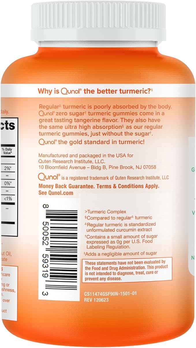 Qunol Zero Sugar Turmeric Gummies, Gummy with 500mg Turmeric Curcumin, Joint Support Supplement, Ultra High Absorption Tumeric Curcumin, Vegetarian, Gluten Free, 90 Count