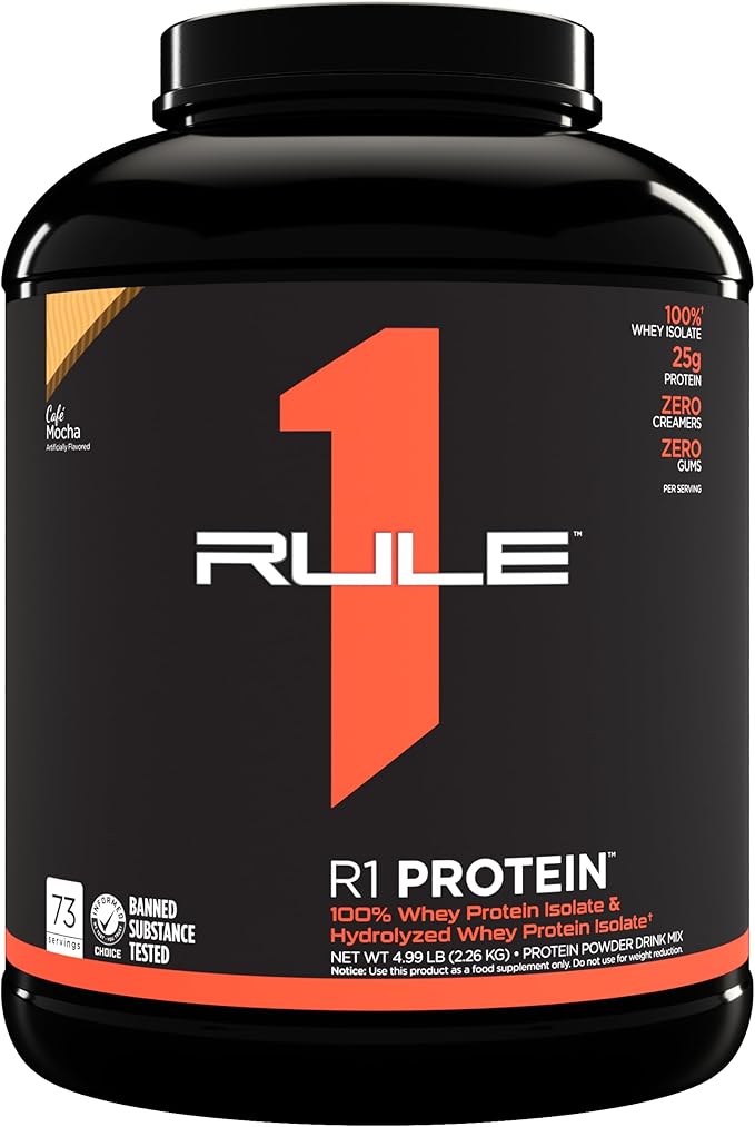 Rule One Proteins R1 Protein - 25g Fast-Acting, Super-Pure 100% Isolate and Hydrolysate Protein Powder with 6g BCAAs (5 Pounds*, Café Mocha)