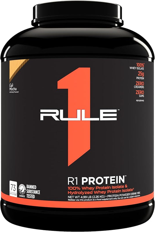 Rule One Proteins R1 Protein - 25g Fast-Acting, Super-Pure 100% Isolate and Hydrolysate Protein Powder with 6g BCAAs (5 Pounds*, Café Mocha)