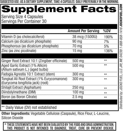 Jocko Fuel Test Booster for Men - Natural Endurance, Stamina, & Strength Booster - Muscle Builder for Men & Nitric Oxide Support with Ginger Root, Shilijat, & Tongkat Ali, 120ct (30 Servings)