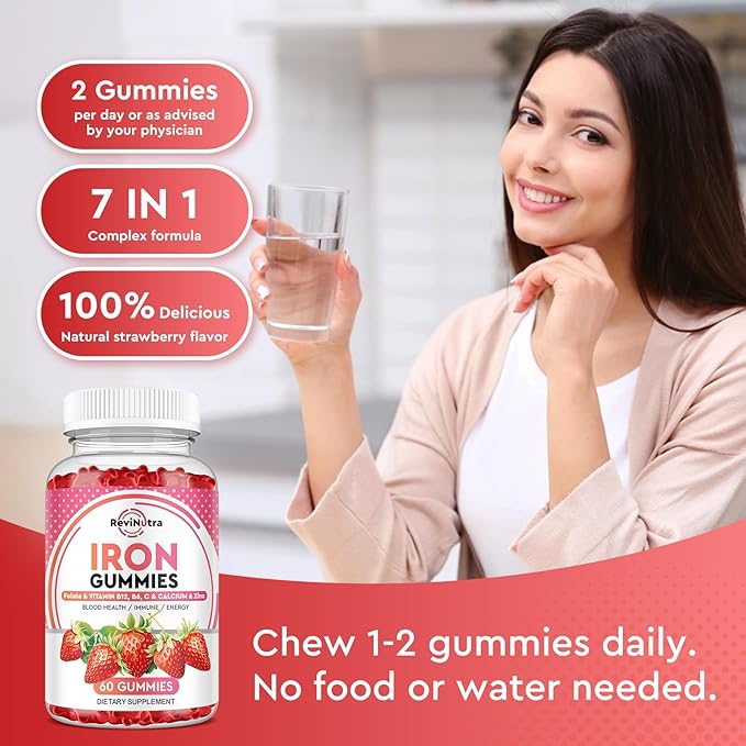 Iron Gummies - with Calcium, Zinc, Folate & Vitamin B12, C, B6 for Adults & Kids - Blood Builder & Energy Support for Iron Deficiency, Anemia, Vegan - 2 Pack Strawberry Flavour,60 Gummies