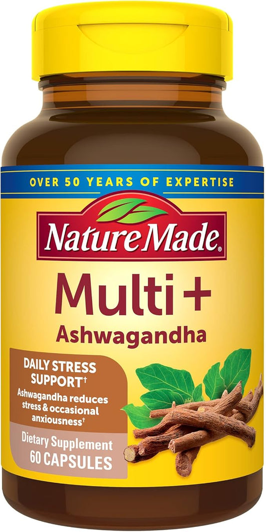 Nature Made Multi + Ashwagandha, Multivitamin for Daily Stress Relief Support, One Per Day Multivitamin, 60 Capsules