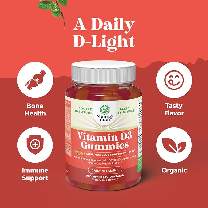 Vitamin D3 Gummies for Daily Wellness - Delicious Vitamin D Gummies for Adults with Vitamin D3 2000IU per Serving for Bone Muscle & Immune Support - Non-GMO Gelatin & Gluten Free (30 Day Supply)