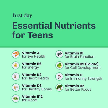 FIRST DAY Teens Daily Kickstart Multivitamin Gummies for Ages 14+ – Vitamins A, B1, B2, B6, E, B12, C, D3 & K2 + Zinc & Folate – Made w/Organic Fruits & Veggies, Only 2g Sugar – 30 Day Supply
