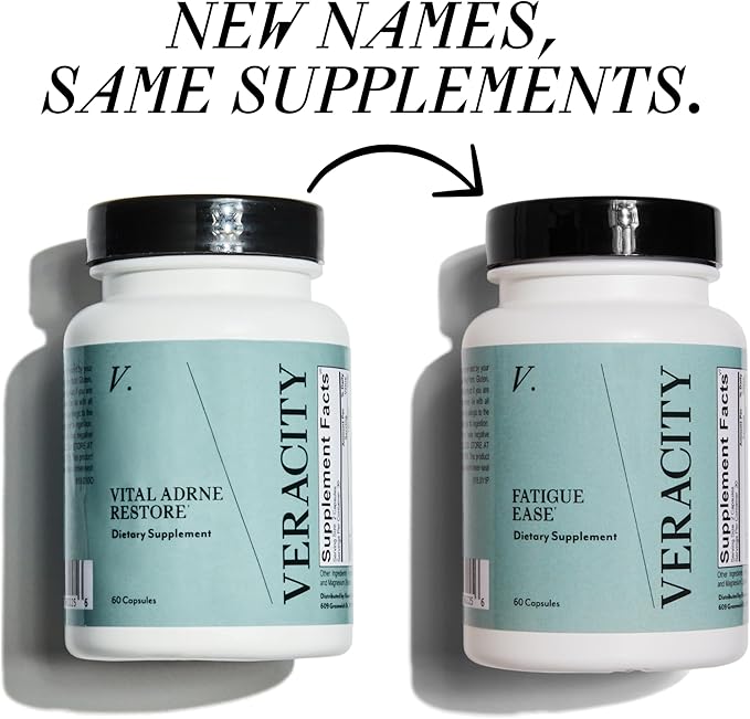 VERACITY Fatigue Ease Adrenal Support Supplement with Ashwagandha, Schisandra Berry & Rhodiola Rosea Supplement for Skin, Promotes Healthy Cortisol & Energy Levels, Restores Skin, Adaptogens - 60 Caps
