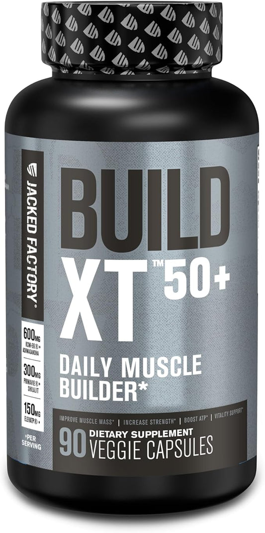 Jacked Factory Build-XT 50+ Daily Muscle Builder - Muscle Recovery Supplement & Muscle Builder for Men and Women with KSM-66 Ashwagandha, Primavie Shilajit, ElevATP, & Astragin - 90 Count