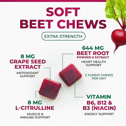 Beet Chews - Soft Beet Root Chewables with Grape Seed Extract Supports Heart Health & Energy with Powerful Antioxidants - Nature's Beetroot Nitric Oxide Supplement, Berry Flavor - 60 Vegan Soft Chews
