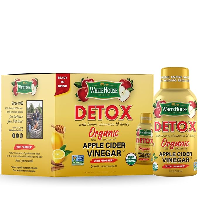 White House Detox Apple Cider Vinegar Shots, Raw Unfiltered, On the Go (Detox, Pack of 24)