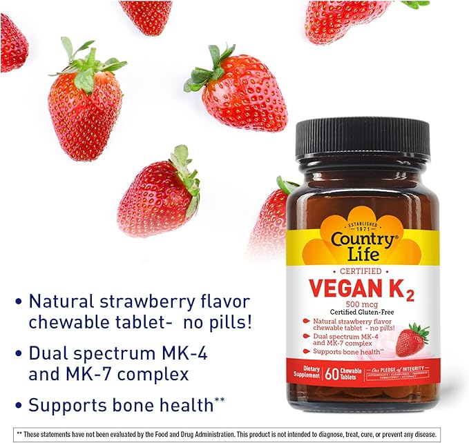 Country Life Vegan Vitamin K2, 500 mcg, Dual Spectrum MK-4 and MK-7 Complex, Supports Bone & Teeth Health, 60 Chewable Tablets, Strawberry Flavor
