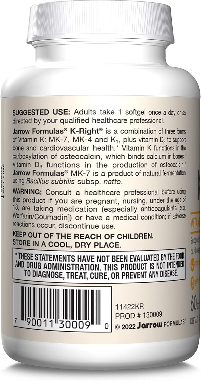 Jarrow Formulas K-Right - Vitamin K-Complex (K1, MK-4, MK-7, D3) - 60 Servings (Softgels) - Dietary Supplement for Bone & Cardiovascular Health Support - Vitamin K2 MK-7 - Gluten Free