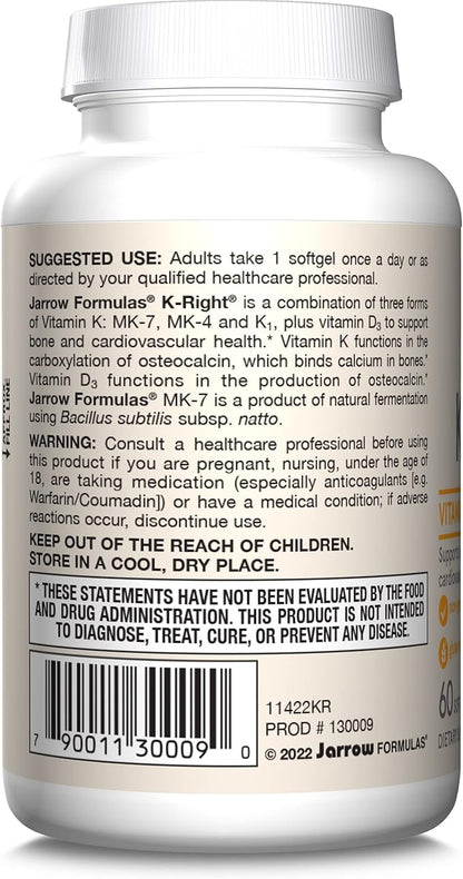 Jarrow Formulas K-Right - Vitamin K-Complex (K1, MK-4, MK-7, D3) - 60 Servings (Softgels) - Dietary Supplement for Bone & Cardiovascular Health Support - Vitamin K2 MK-7 - Gluten Free