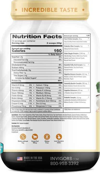 INVIGOR8 Superfood Grass Fed Whey Protein Isolate Shake Himalayan Salted Caramel Gluten-Free and Non GMO Meal Replacement with Probiotics and Omega 3 (645g)