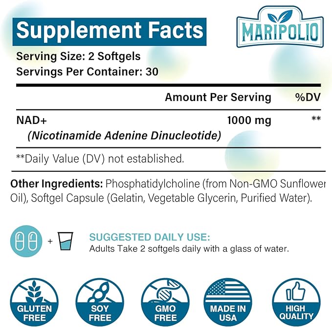 Liposomal NAD+ Supplement 1000 mg | Highest NAD Pontecy | Max Absorption | Pure NAD Supplement | Energy and DNA Repair, Aging Defense, Brain Function | 60 Softgels