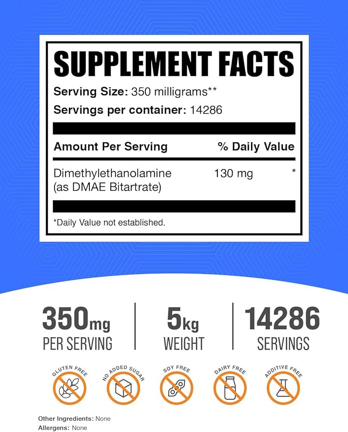 BulkSupplements.com DMAE Bitartrate Powder - Dimethylaminoethanol Bitartrate, DMAE Supplement - DMAE Powder, Gluten Free, 350mg per Serving, 5kg (11 lbs) (Pack of 5)