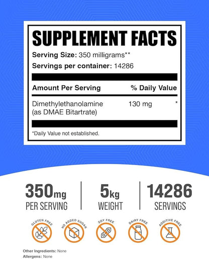 BulkSupplements.com DMAE Bitartrate Powder - Dimethylaminoethanol Bitartrate, DMAE Supplement - DMAE Powder, Gluten Free, 350mg per Serving, 5kg (11 lbs) (Pack of 5)