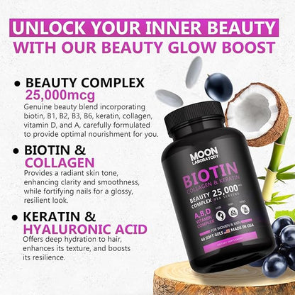 Premium Biotin 5,000 mcg with Collagen, Keratin, Hyaluronic Acid, Vitamin A, D3, B-Complex & Coconut Oil. Beauty Complex for Hair Growth, Nails, Skin. for Men & Women. 60 Softgels