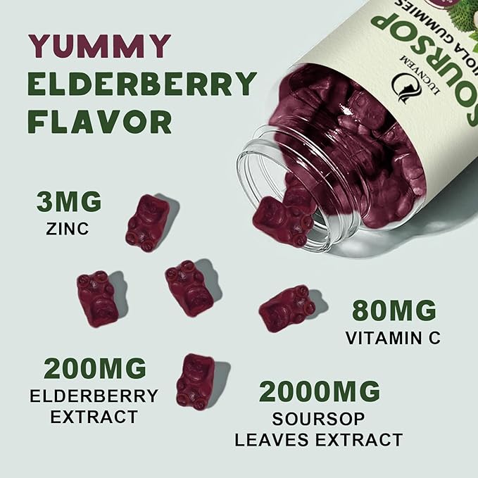 Soursop Graviola Gummies with Elderberry, Soursop Leaves with Elderberry Extract Rich in Multivitamin for Natural Antioxidant, Cell Support & Regeneration, Immune Boost & Skin - 30 Day Supply