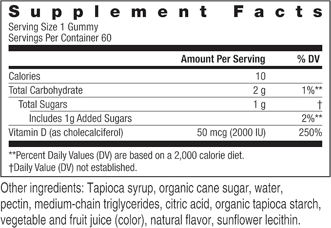 Rainbow Light Vitamin D Gummies, High Potency Vitamin D3 2,000IU Immune Health Support, Helps Support Strong Bones & Teeth, Gluten Free, Vegan, Peach, 60 Gummies